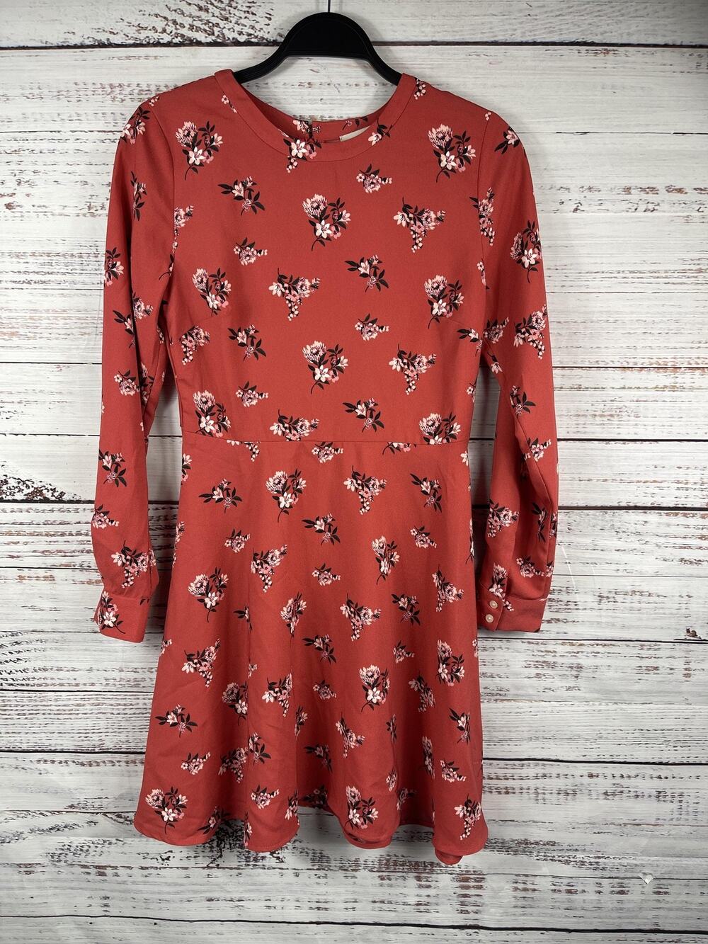 Loft Womens Size 0 Rust Red Floral Fit & Flare Long Sleeve Back Zip A-line Dress